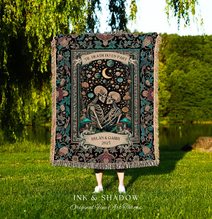 Cosmic Skeleton Lovers Custom Blanket | Gothic Elegance Celestial Anniversary Romance Dark Academia Celestial Personalized Couple Ethereal |