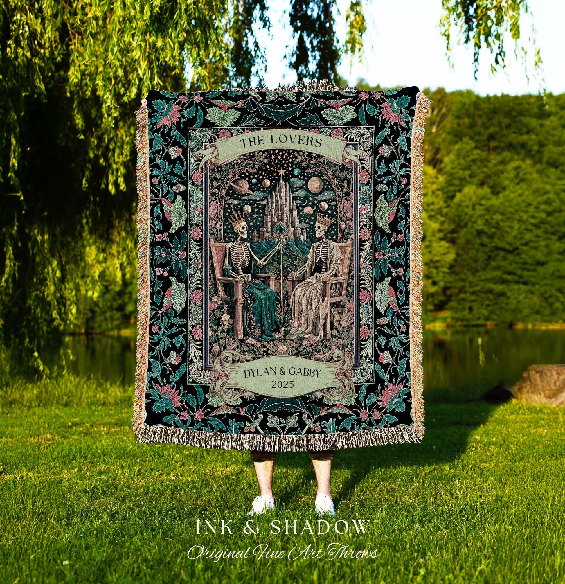 Gothic Lovers Personalized Skeleton Blanket | Celestial Crowned Witchy Whimsical Magic Fantasy Throw Fairytale Mystical Royal Couple Custom