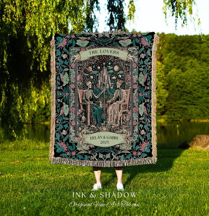 Gothic Lovers Personalized Skeleton Blanket | Celestial Crowned Witchy Whimsical Magic Fantasy Throw Fairytale Mystical Royal Couple Custom