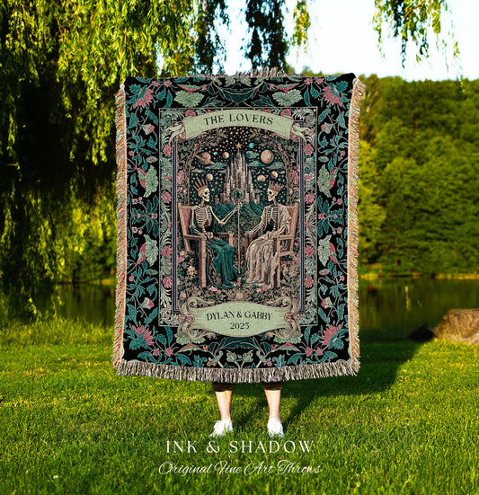 Gothic Lovers Personalized Skeleton Blanket | Celestial Crowned Witchy Whimsical Magic Fantasy Throw Fairytale Mystical Royal Couple Custom