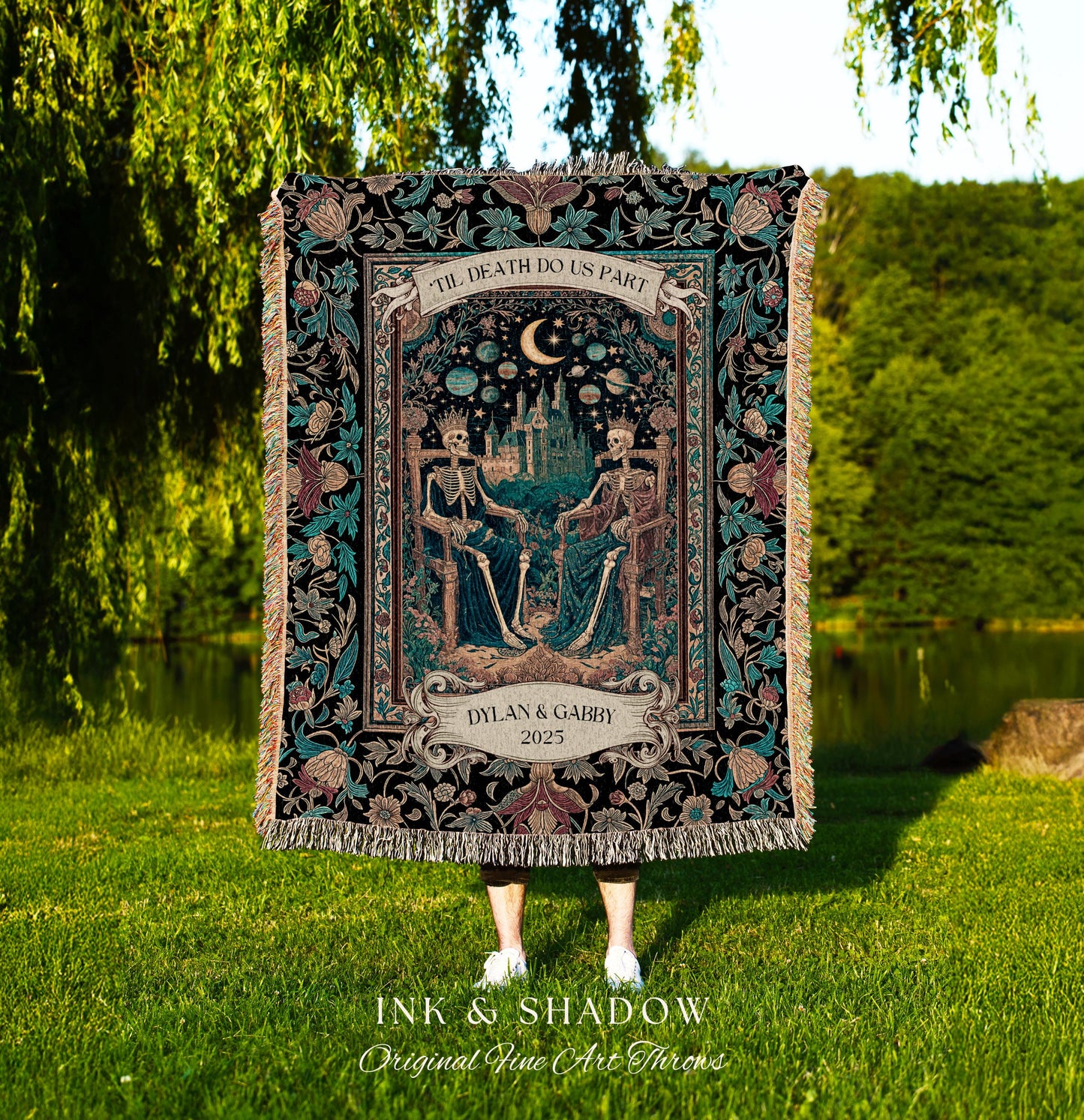 Starlit Skeleton Lovers Celestial Throw | Gothic Castle Whimsigothic Romance Cosmic Sky Baroque Magical Personalized King and Queen Blanket