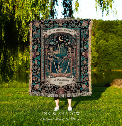 Starlit Skeleton Lovers Celestial Throw | Gothic Castle Whimsigothic Romance Cosmic Sky Baroque Magical Personalized King and Queen Blanket