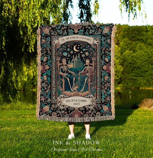 Starlit Skeleton Lovers Celestial Throw | Gothic Castle Whimsigothic Romance Cosmic Sky Baroque Magical Personalized King and Queen Blanket