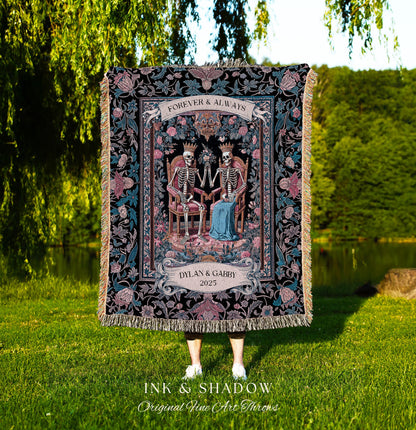Custom Names Skeleton Couple Floral Throw | Baroque Aesthetic Renaissance Personalized Gothic Fairytale Magic Royal Theme Wedding Celestial