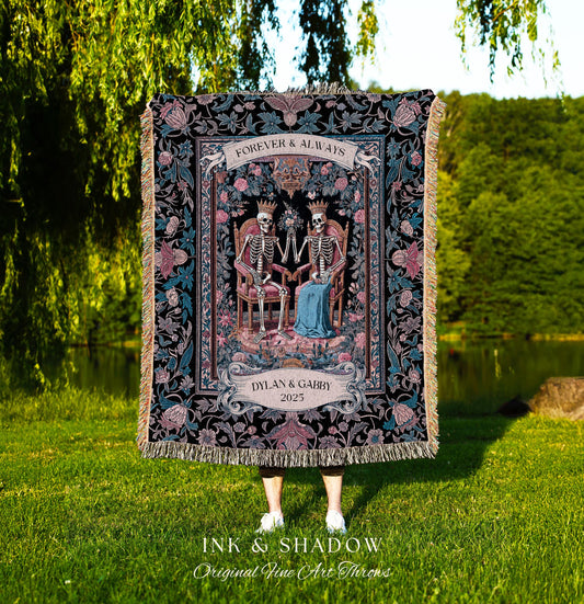 Custom Names Skeleton Couple Floral Throw | Baroque Aesthetic Renaissance Personalized Gothic Fairytale Magic Royal Theme Wedding Celestial