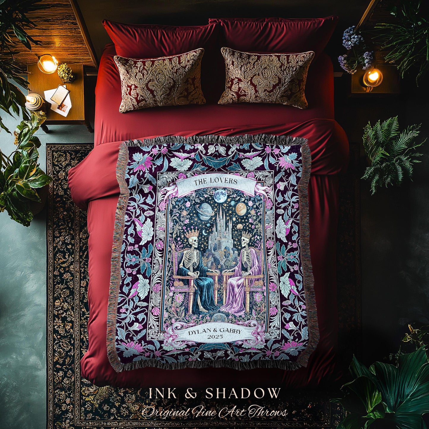 Personalized Skeleton Throne Celestial Throw | Whimsical Baroque Lovers Gothic Fairytale Custom King & Queen Ethereal Floral Aesthetic Gift