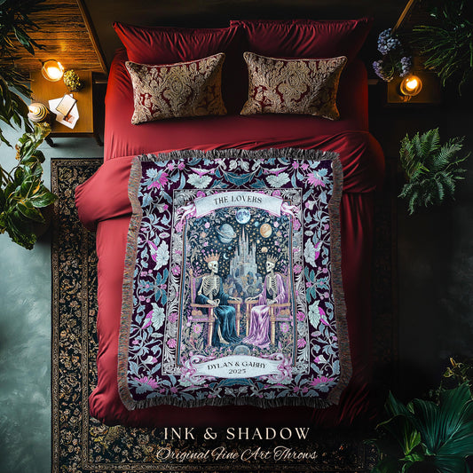 Personalized Skeleton Throne Celestial Throw | Whimsical Baroque Lovers Gothic Fairytale Custom King & Queen Ethereal Floral Aesthetic Gift