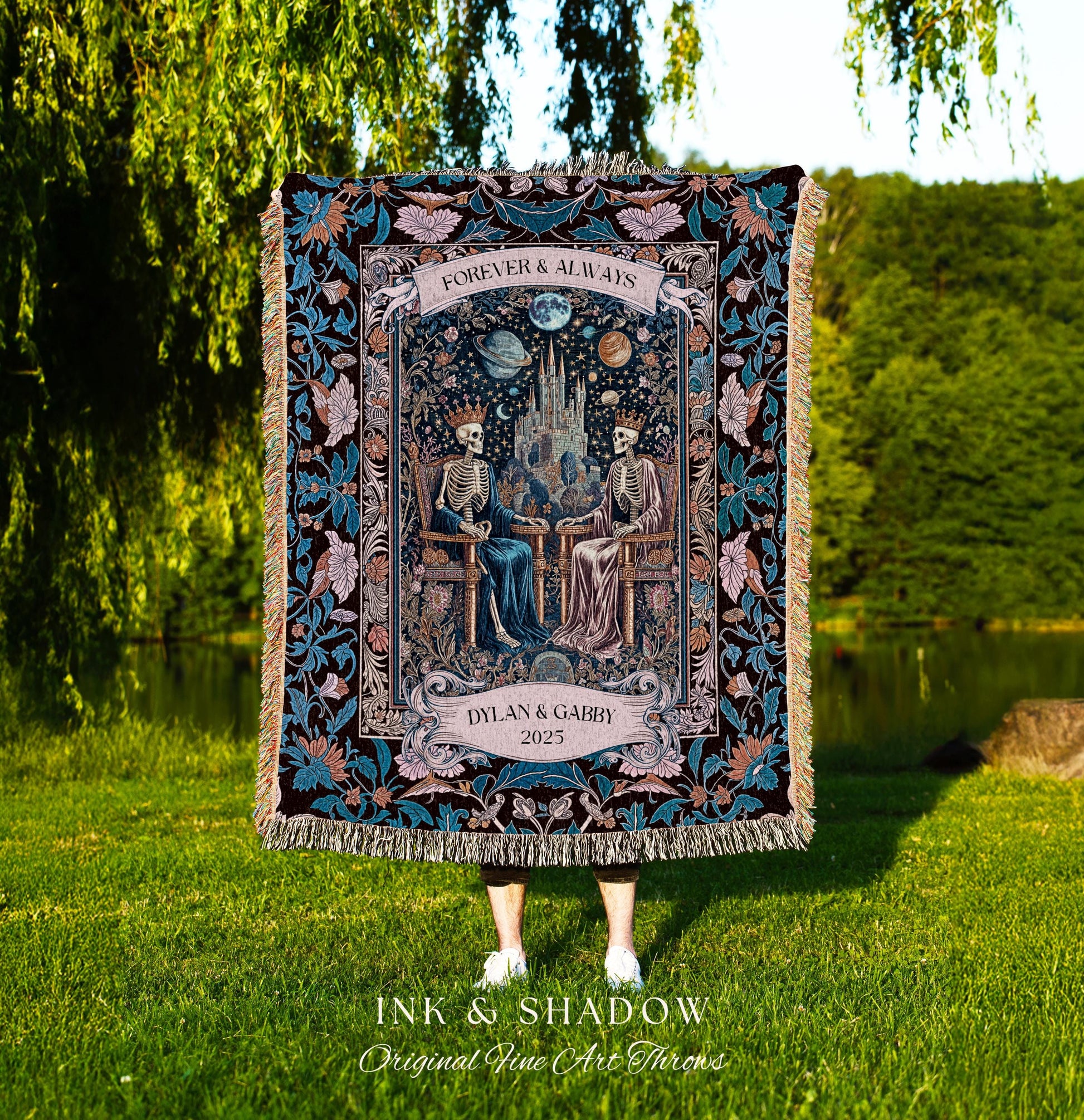 Anniversary Blanket Skeleton Royals Throw | Castle Couple Celestial Gothic Moonlit Fairytale Personalized Baroque Crowned Lovers Custom Art