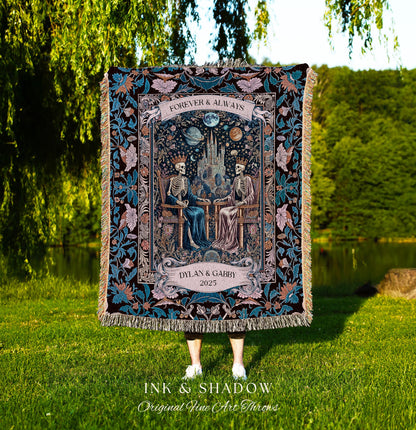 Anniversary Blanket Skeleton Royals Throw | Castle Couple Celestial Gothic Moonlit Fairytale Personalized Baroque Crowned Lovers Custom Art