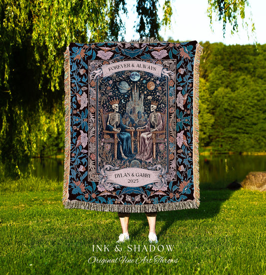Anniversary Blanket Skeleton Royals Throw | Castle Couple Celestial Gothic Moonlit Fairytale Personalized Baroque Crowned Lovers Custom Art