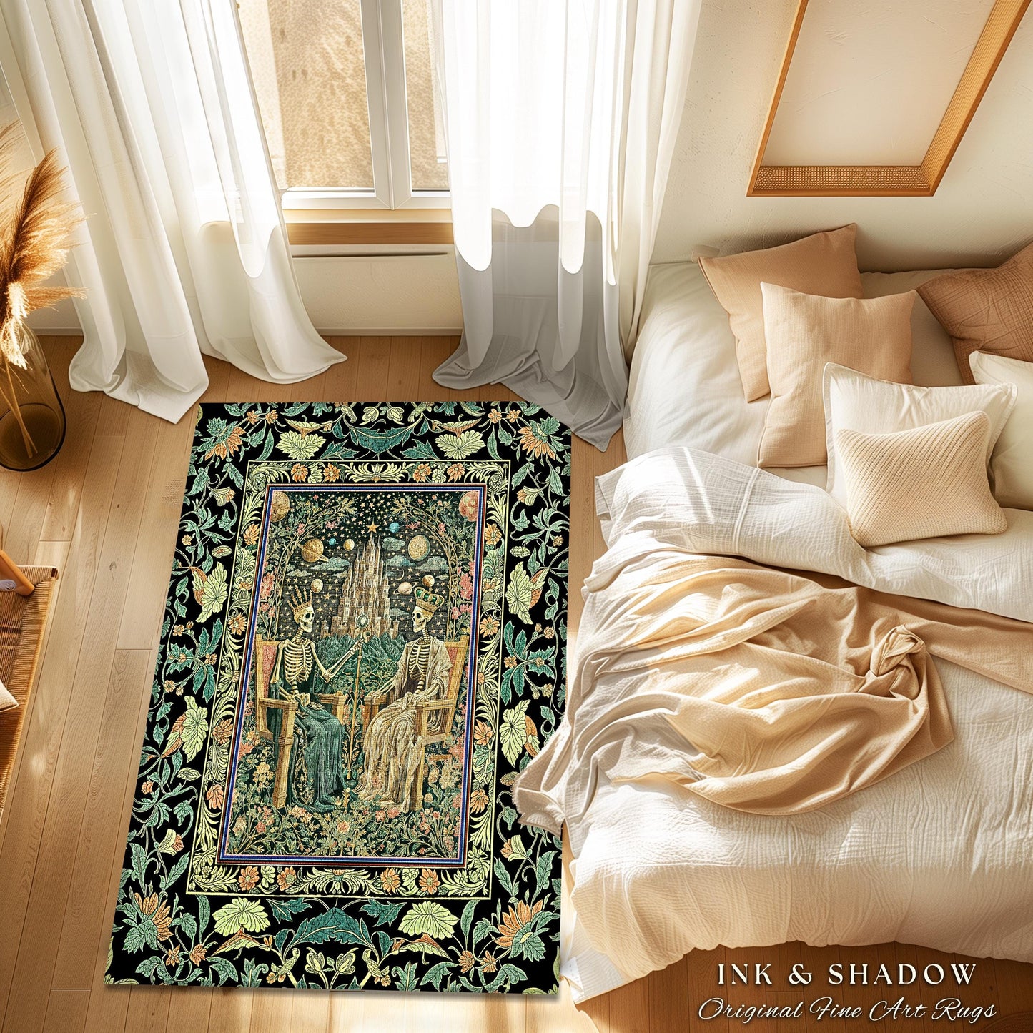 Castle Skeleton Couple Gothic Rug | Regal Regency Victorian Baroque King and Queen Skeletons Celestial Fantasy Mystical Accent Macabre Vibe
