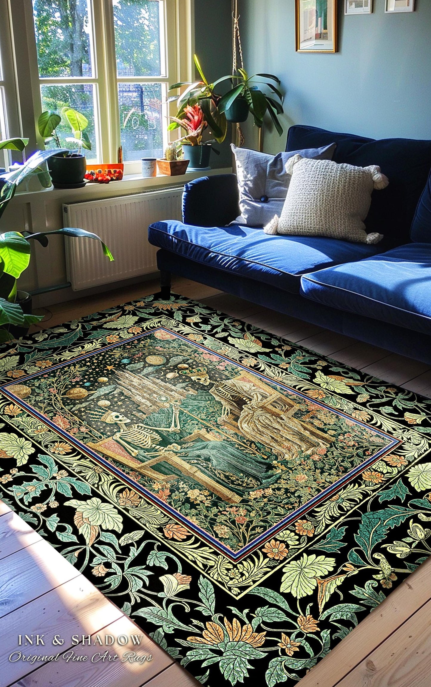 Castle Skeleton Couple Gothic Rug | Regal Regency Victorian Baroque King and Queen Skeletons Celestial Fantasy Mystical Accent Macabre Vibe
