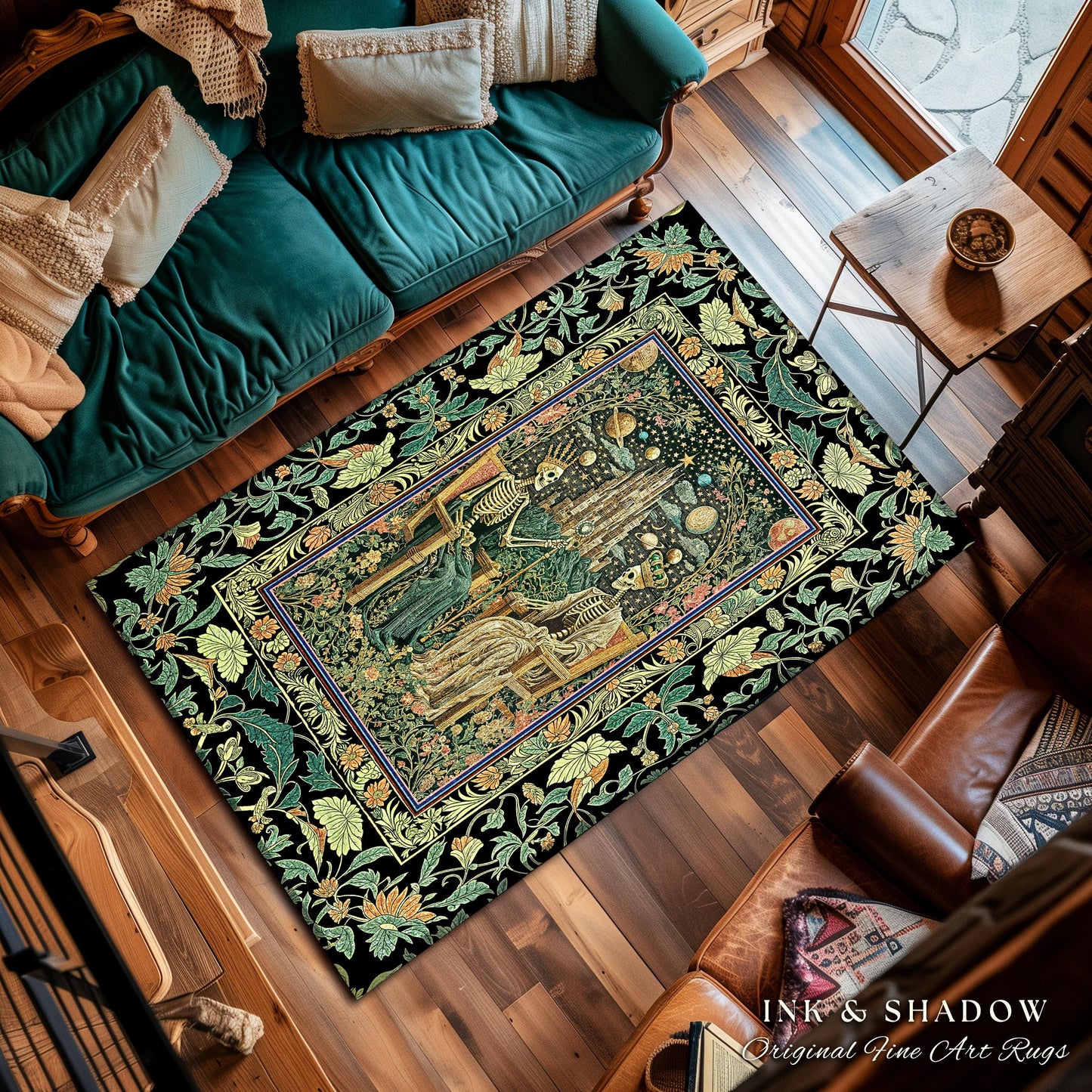 Castle Skeleton Couple Gothic Rug | Regal Regency Victorian Baroque King and Queen Skeletons Celestial Fantasy Mystical Accent Macabre Vibe