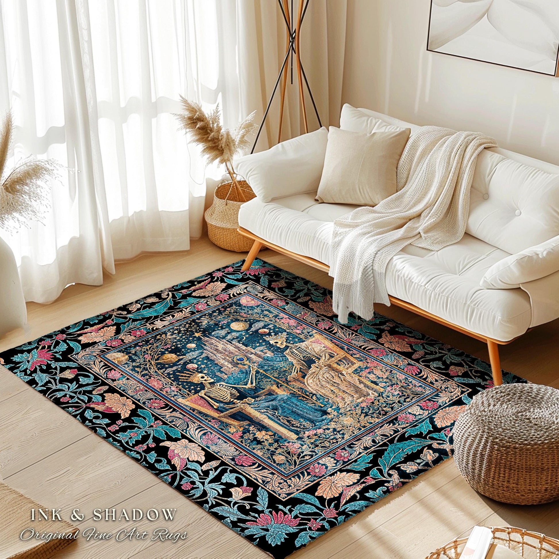 Celestial Skeleton Couple Baroque Rug | Goth Regal Romance Castle King & Queen Whimsical Lovers Magic Fantasy Decor Mystical Bedroom Accent
