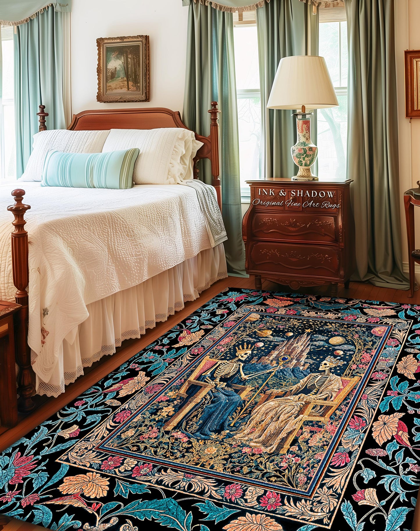 Celestial Skeleton Couple Baroque Rug | Goth Regal Romance Castle King & Queen Whimsical Lovers Magic Fantasy Decor Mystical Bedroom Accent