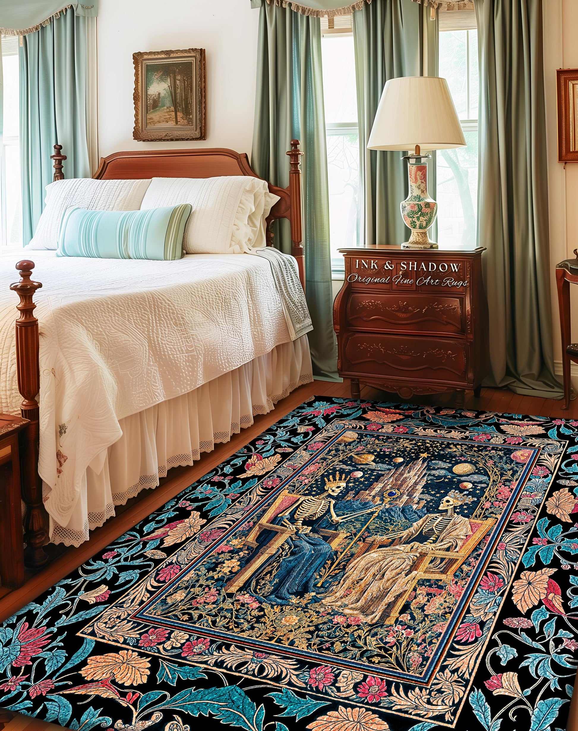 Celestial Skeleton Couple Baroque Rug | Goth Regal Romance Castle King & Queen Whimsical Lovers Magic Fantasy Decor Mystical Bedroom Accent