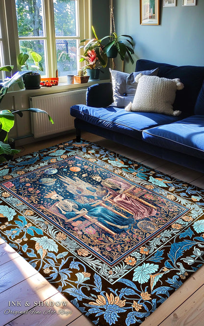 Moonlit Skeleton Lovers Celestial Accent Rug | Gothic Aesthetic Royal Romance Baroque Fantasy Cosmic Pastel Whimsical Bedroom Mystical Style
