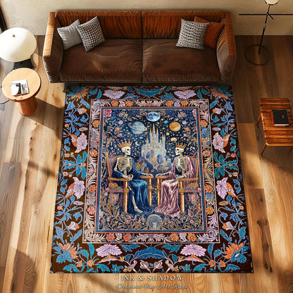 Maximalist Skeleton Royals Pastel Area Rug | Castle Couple Celestial Gothic Moonlit Fairytale Scene Baroque Floral Crowned Lovers Accent Rug