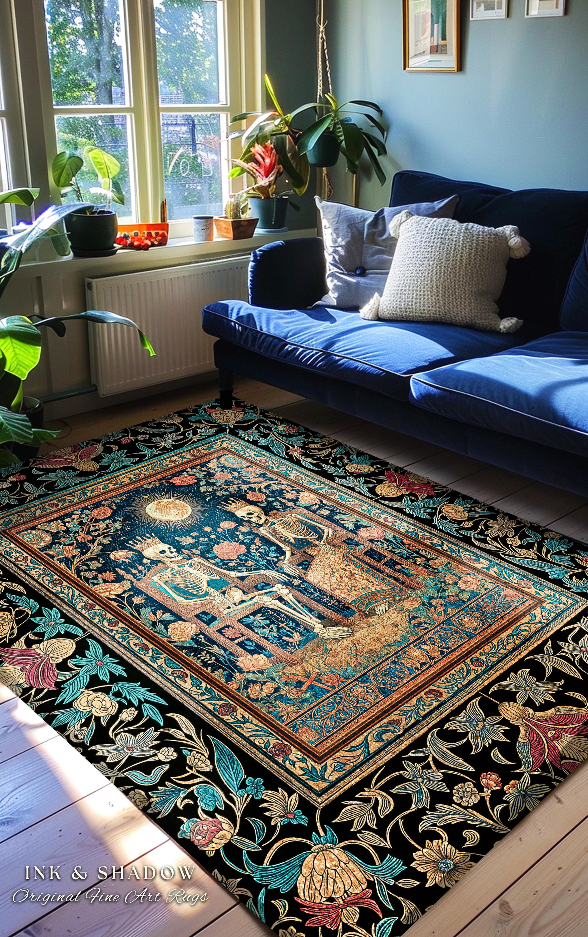 Macabre Skeleton Couple Witchy Area Rug | Golden Garden Sunlit Throne Accent Rug Gothic Celestial Fairytale Baroque Floral Fantasy Decor |
