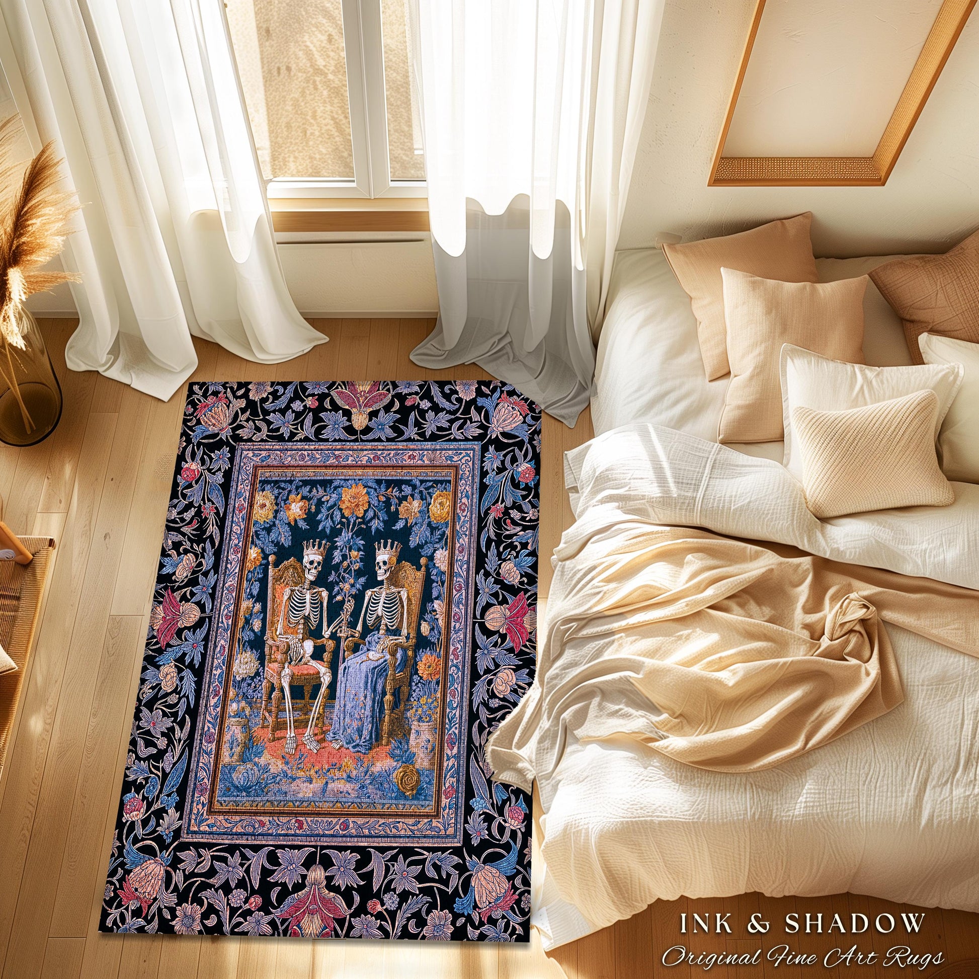 Autumnal Skeleton Lovers Mystic Rug | Baroque Gothic Bedroom Maximalist Floral Fairytale Celestial Couple Whimsical Accent Tarot Aesthetic |
