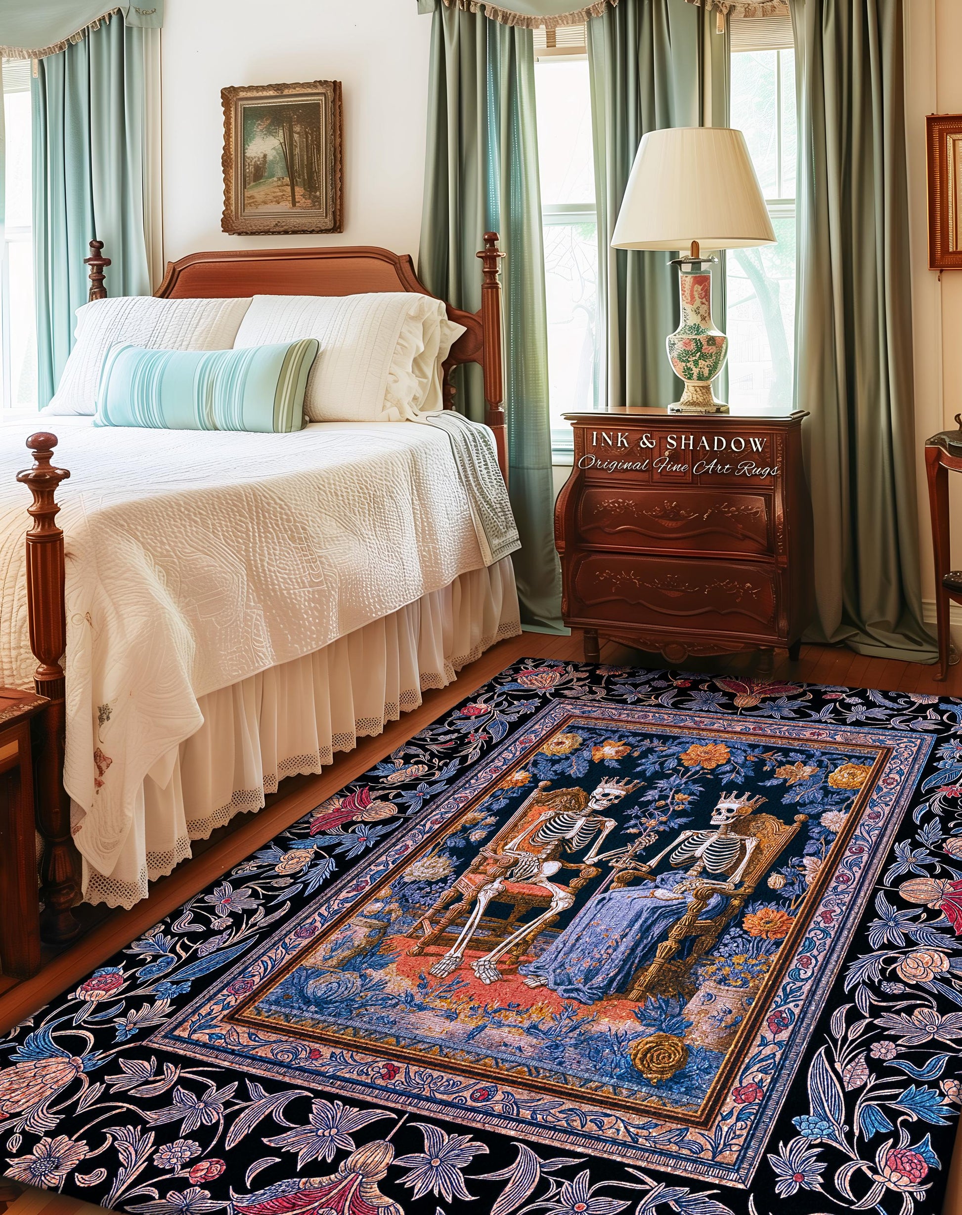 Autumnal Skeleton Lovers Mystic Rug | Baroque Gothic Bedroom Maximalist Floral Fairytale Celestial Couple Whimsical Accent Tarot Aesthetic |