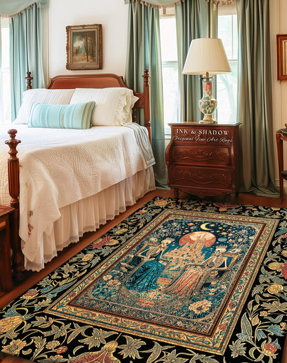 Golden Garden Skeleton Couple Rug | Celestial Gothic Lovers Moonlit Romance Baroque Floral Gothic Fairytale Magic Bedroom Accent Rug Mystic