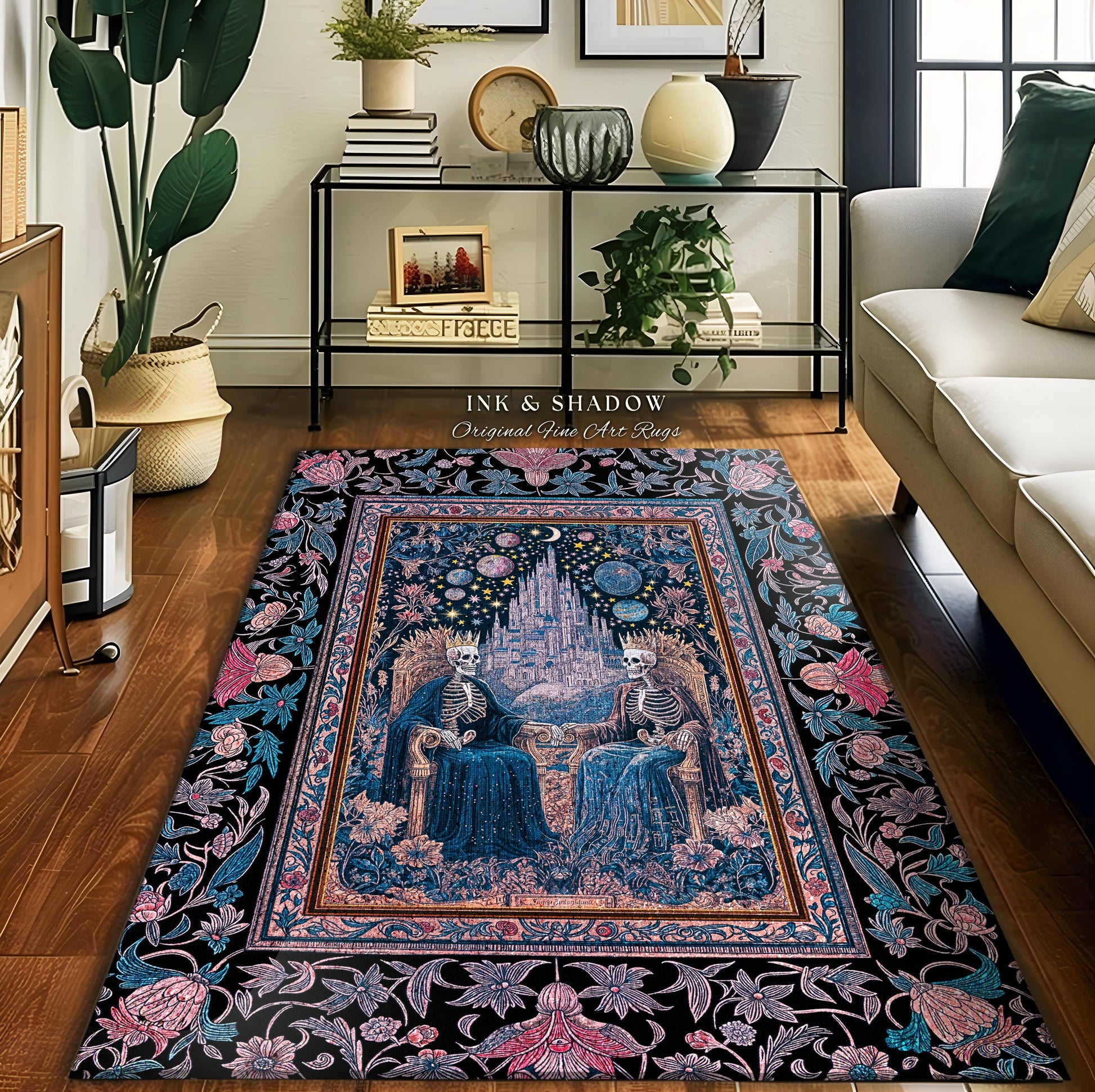Celestial Skeleton Lovers Gothic Rug | Dark Academia Castle Fantasy Whimsigothic Fairytale Floral Magic Aesthetic Bedroom Pastel Witchy |