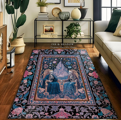 Celestial Skeleton Lovers Gothic Rug | Dark Academia Castle Fantasy Whimsigothic Fairytale Floral Magic Aesthetic Bedroom Pastel Witchy |