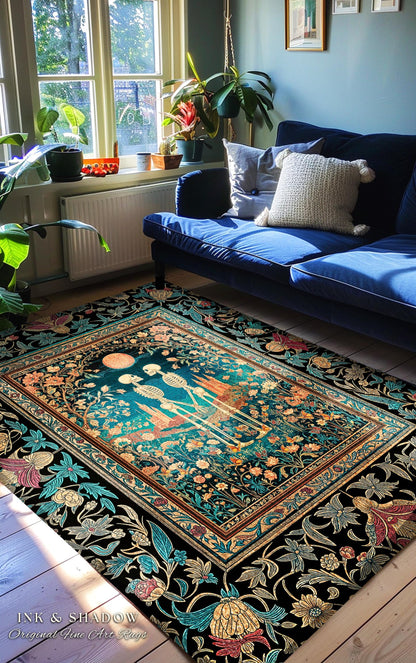 Folk Art Skeleton Lovers Floral Rug | Cottagecore Witchy Aesthetic Moon Fairytale Wildflower Romantic Gothic Castle Fantasy Bedroom Accent |