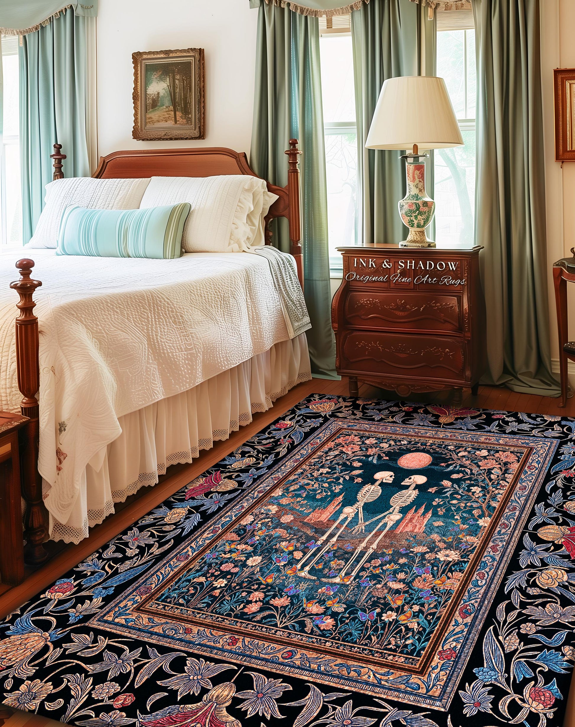 Whimsigoth Botanical Skeleton Rug | Autumn Aesthetic Baroque Bedroom Dark Cottagecore Indie Decor Fantasy Castle Floral Accent Tarot Lovers