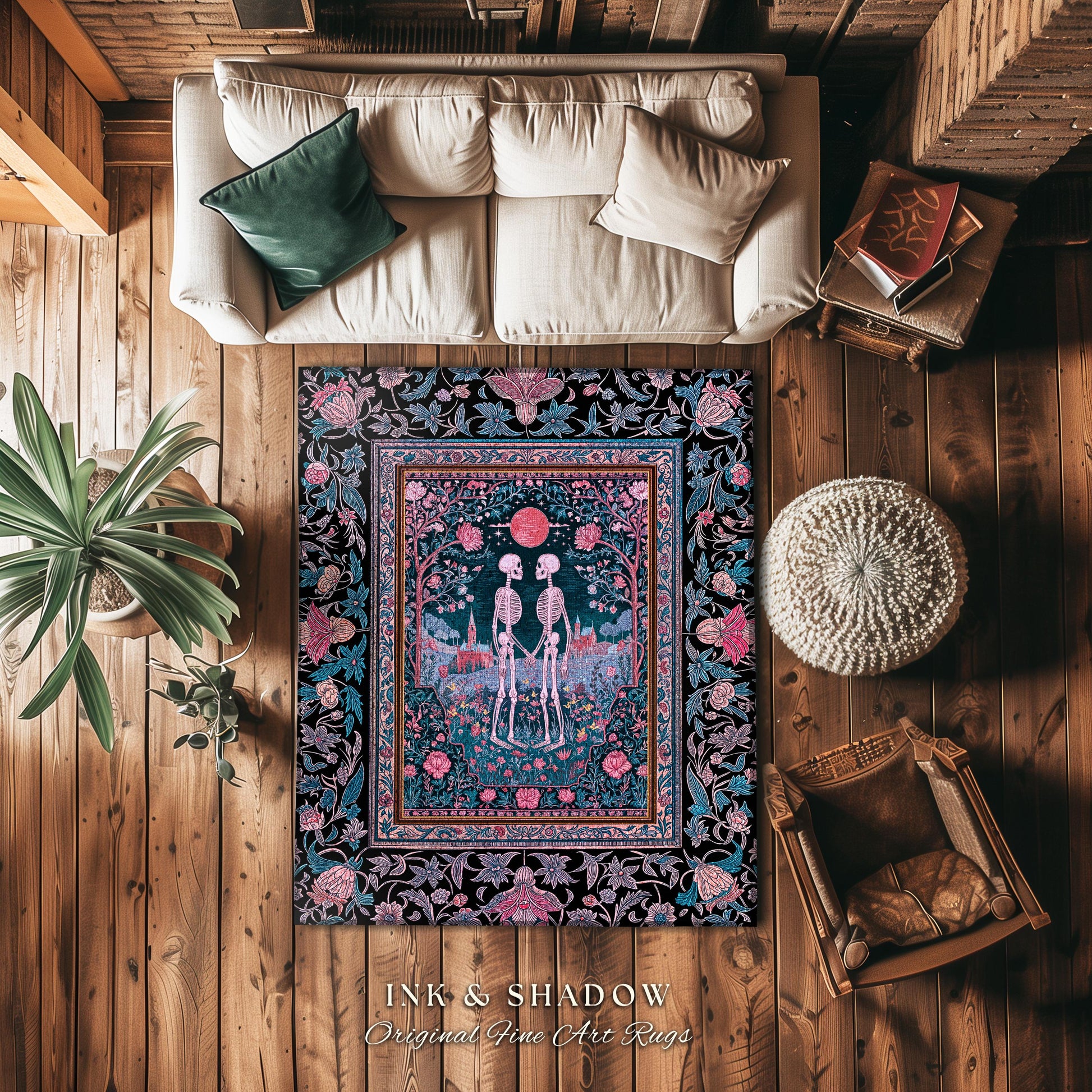 Rosy Royal Haunted Garden Lovers Rug | Whimsigothic Romance Spooky Season Floral Fantasy Dark Academia Baroque Witchy Cottagecore Aesthetic