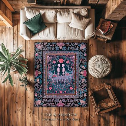 Rosy Royal Haunted Garden Lovers Rug | Whimsigothic Romance Spooky Season Floral Fantasy Dark Academia Baroque Witchy Cottagecore Aesthetic