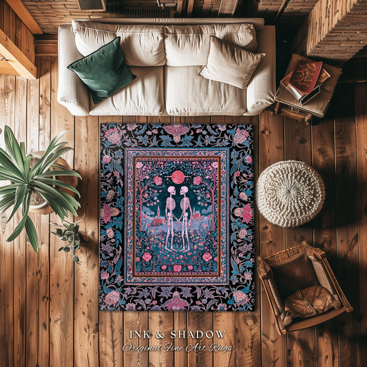 Rosy Royal Haunted Garden Lovers Rug | Whimsigothic Romance Spooky Season Floral Fantasy Dark Academia Baroque Witchy Cottagecore Aesthetic
