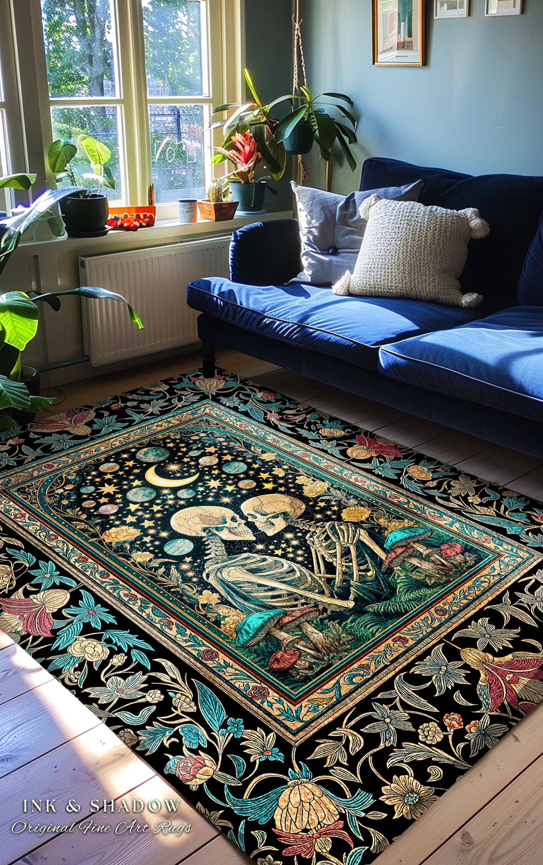 Cosmic Skeleton Lovers Area Rug | Gothic Elegance Celestial Bedroom Baroque Romance Dark Academia Celestial Fantasy Dark Dorm Decor Accent |