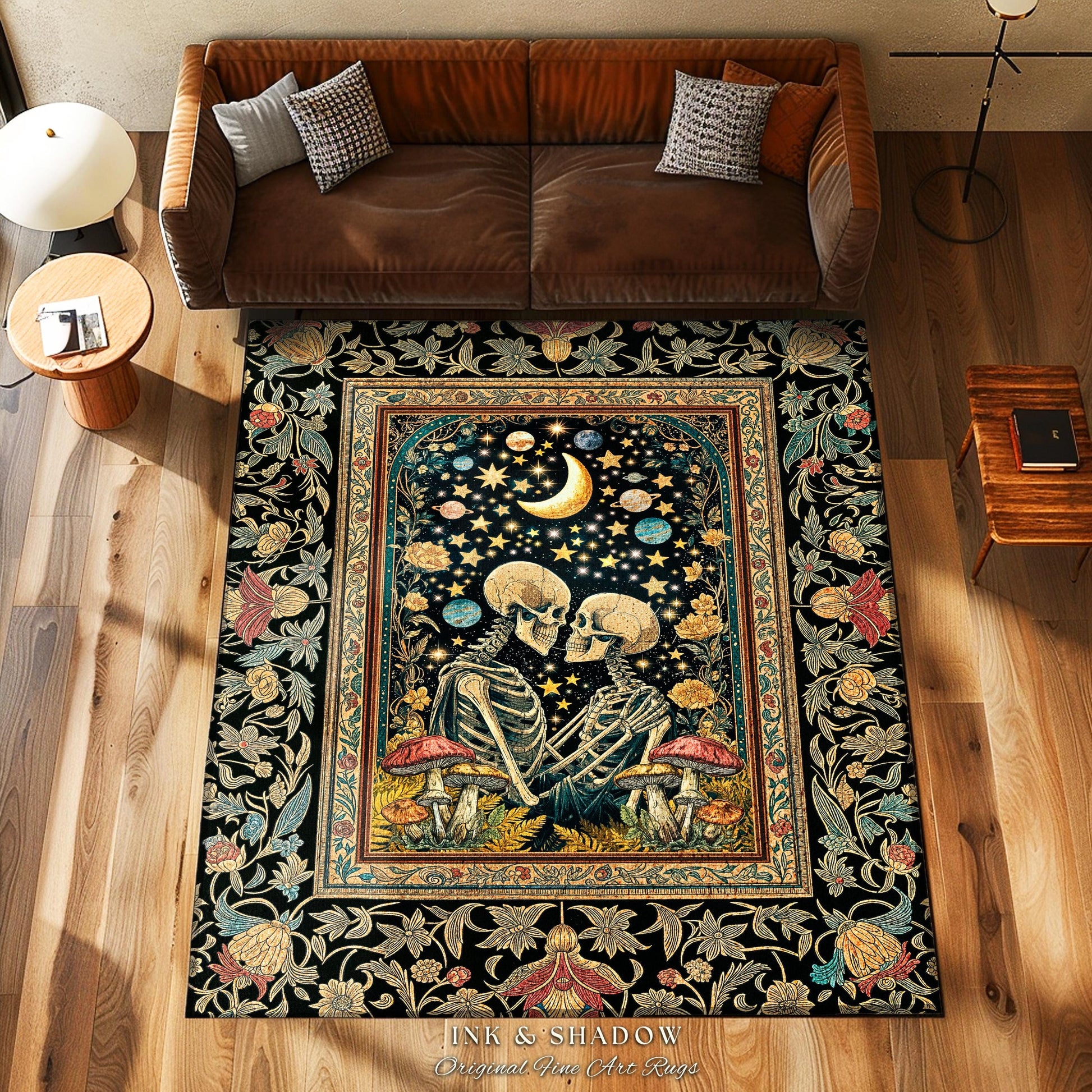 Astral Lovers Gothic Area Rug | Skeleton Lovers 'Til Death Do Us Part Couple Baroque Floral Mystic Accent Cozy Witchy Maximalist Decor |