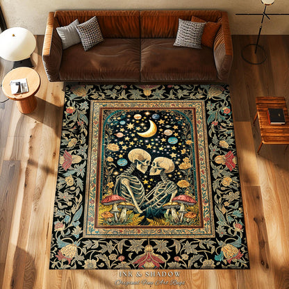 Astral Lovers Gothic Area Rug | Skeleton Lovers 'Til Death Do Us Part Couple Baroque Floral Mystic Accent Cozy Witchy Maximalist Decor |