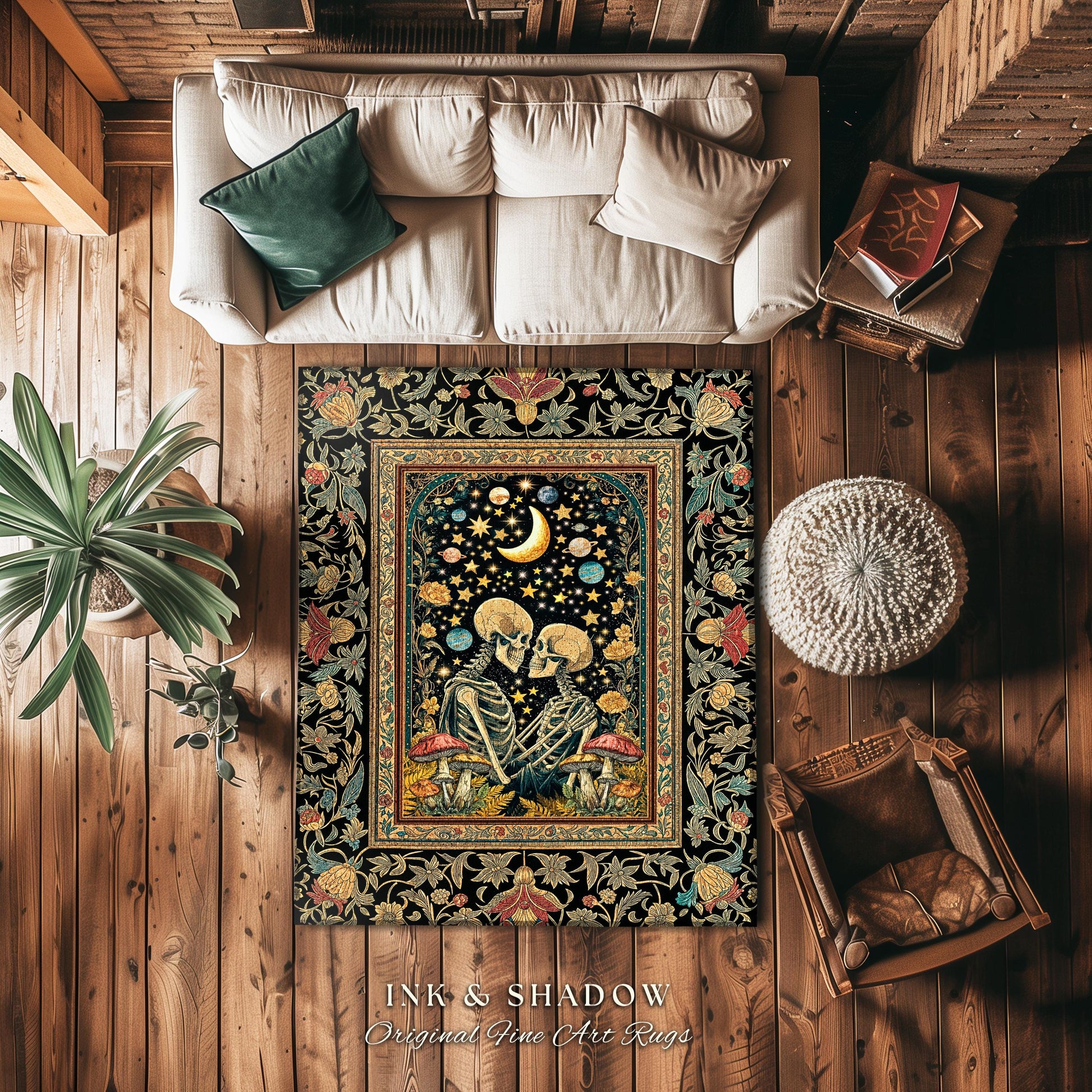 Astral Lovers Gothic Area Rug | Skeleton Lovers 'Til Death Do Us Part Couple Baroque Floral Mystic Accent Cozy Witchy Maximalist Decor |