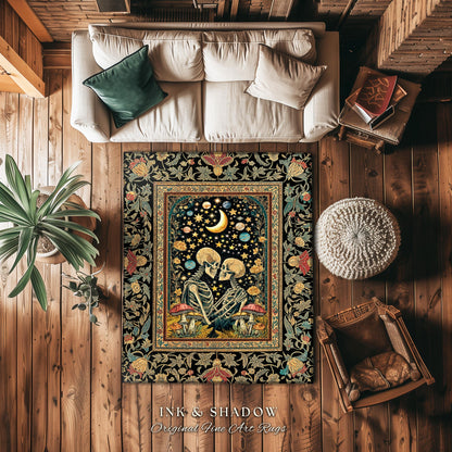 Astral Lovers Gothic Area Rug | Skeleton Lovers 'Til Death Do Us Part Couple Baroque Floral Mystic Accent Cozy Witchy Maximalist Decor |