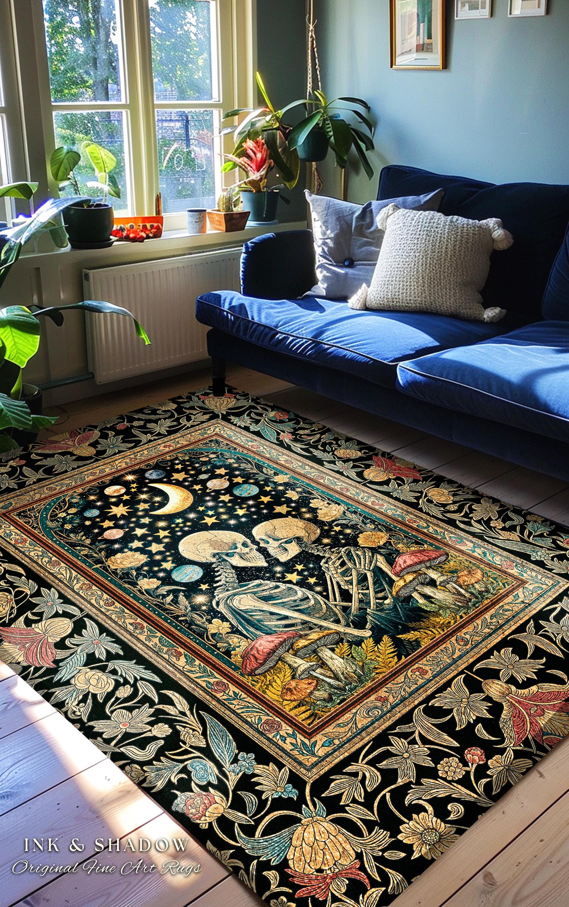 Astral Lovers Gothic Area Rug | Skeleton Lovers 'Til Death Do Us Part Couple Baroque Floral Mystic Accent Cozy Witchy Maximalist Decor |
