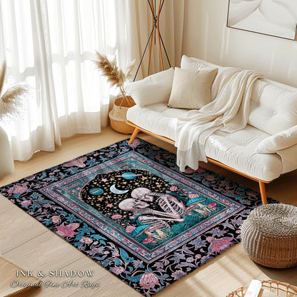 Galactic Skeleton Couple Area Rug | Maximalist Gothic Bedroom Accent Enchanted Fairytale Celestial Moonlit Magic Baroque Romantic Dreamy |