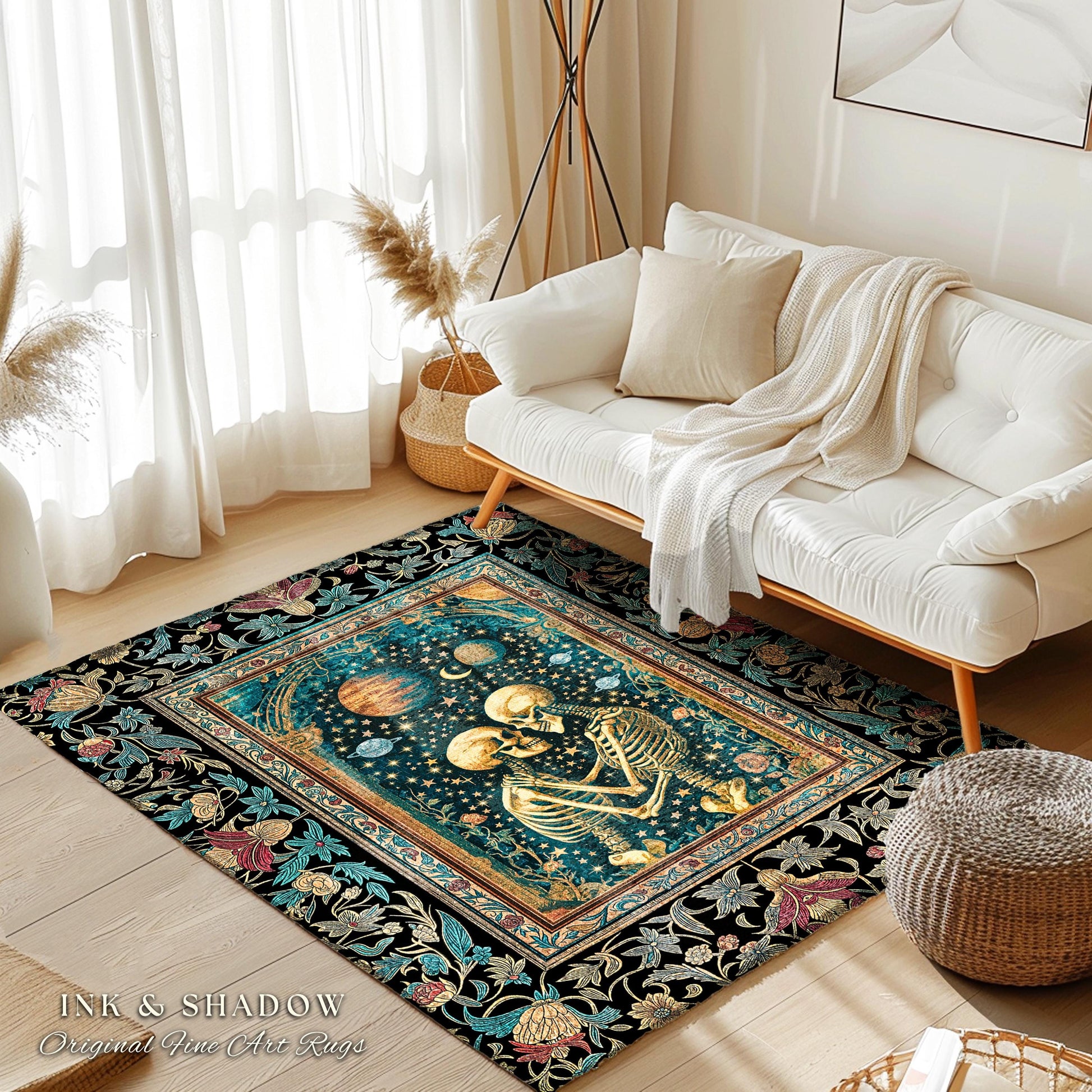 Enchanted Moonlit Skeleton Area Rug | Whimsical Baroque Macabre Couple Accent Rug Celestial Gothic Romance Whimsical Bedroom Enchantment |