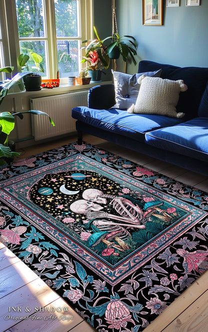 Galactic Skeleton Couple Area Rug | Maximalist Gothic Bedroom Accent Enchanted Fairytale Celestial Moonlit Magic Baroque Romantic Dreamy |