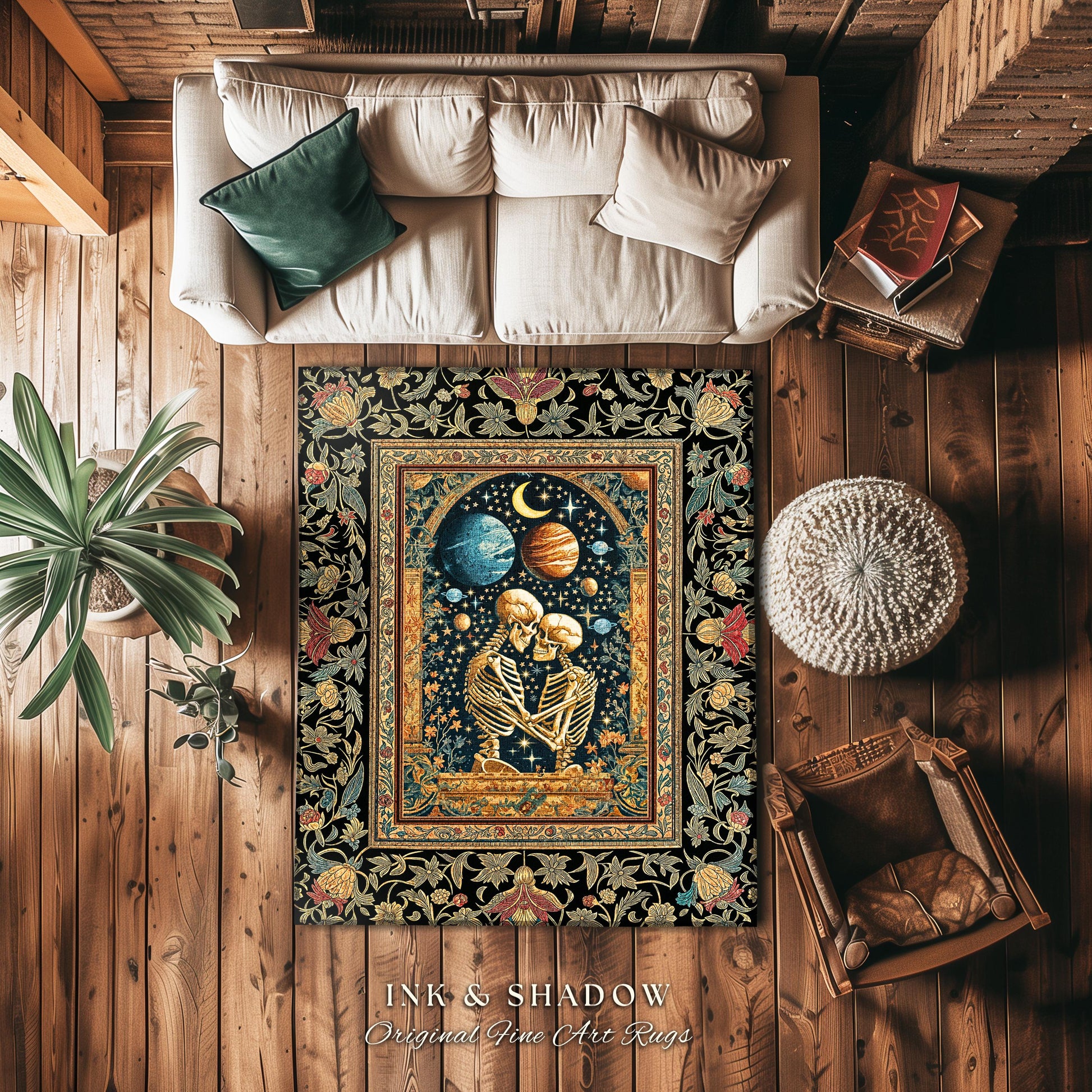 Skeleton Embrace Cosmic Accent Rug | Celestial Fantasy Bedroom Decor Baroque-Inspired Gothic Mystic Enchanted Macabre Couple Romance Cosmic