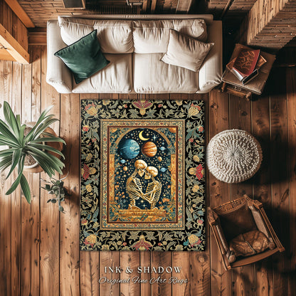 Skeleton Embrace Cosmic Accent Rug | Celestial Fantasy Bedroom Decor Baroque-Inspired Gothic Mystic Enchanted Macabre Couple Romance Cosmic