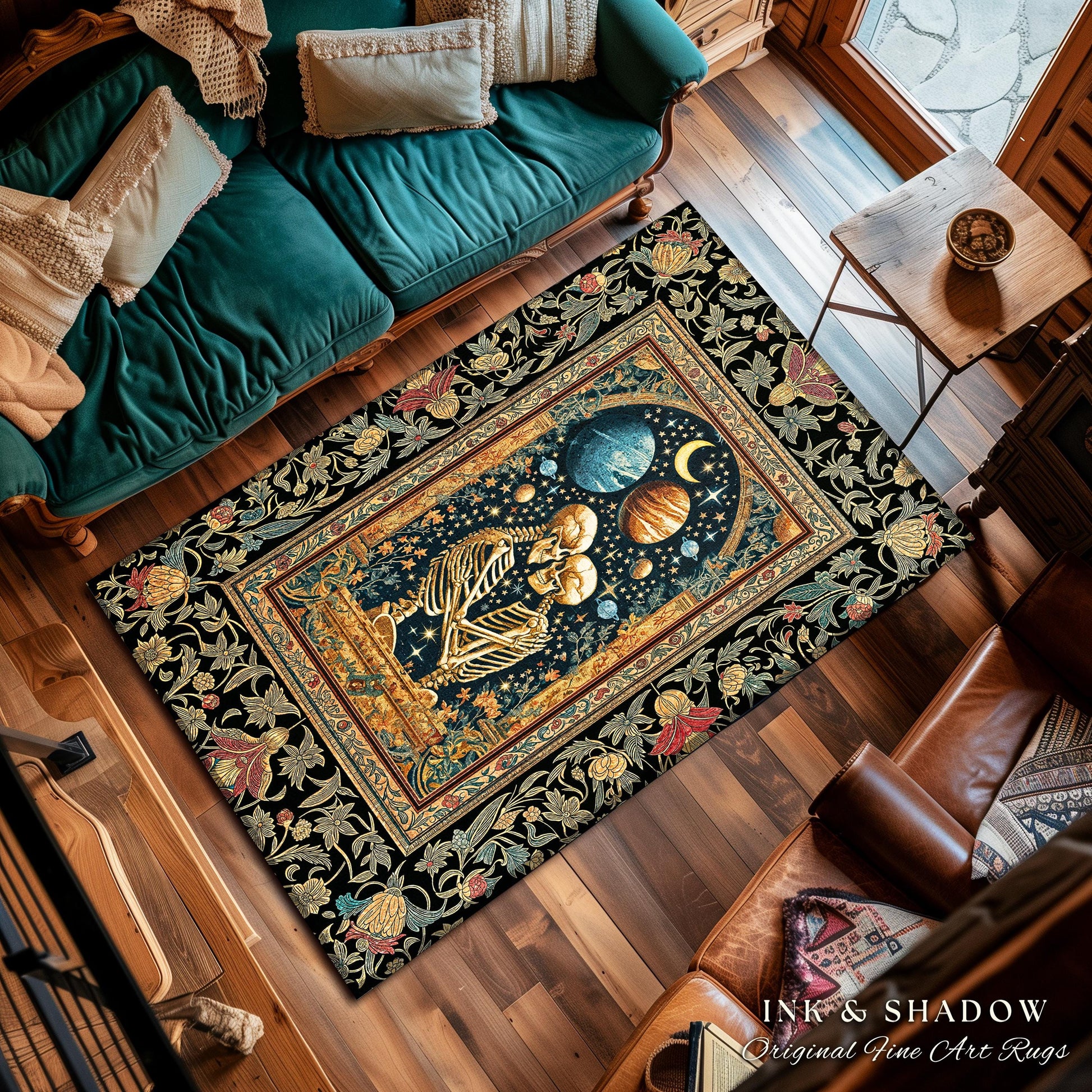 Skeleton Embrace Cosmic Accent Rug | Celestial Fantasy Bedroom Decor Baroque-Inspired Gothic Mystic Enchanted Macabre Couple Romance Cosmic