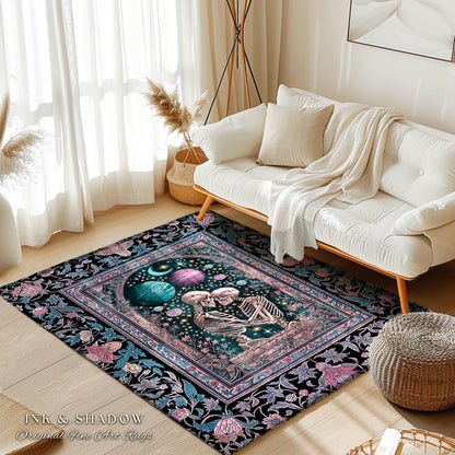 Galaxy Aesthetic Skeleton Couple Area Rug | Ethereal Universe Maximalist Macabre Pastel Whimsical Fantasy Bedroom Accent Boho Celestial Sky