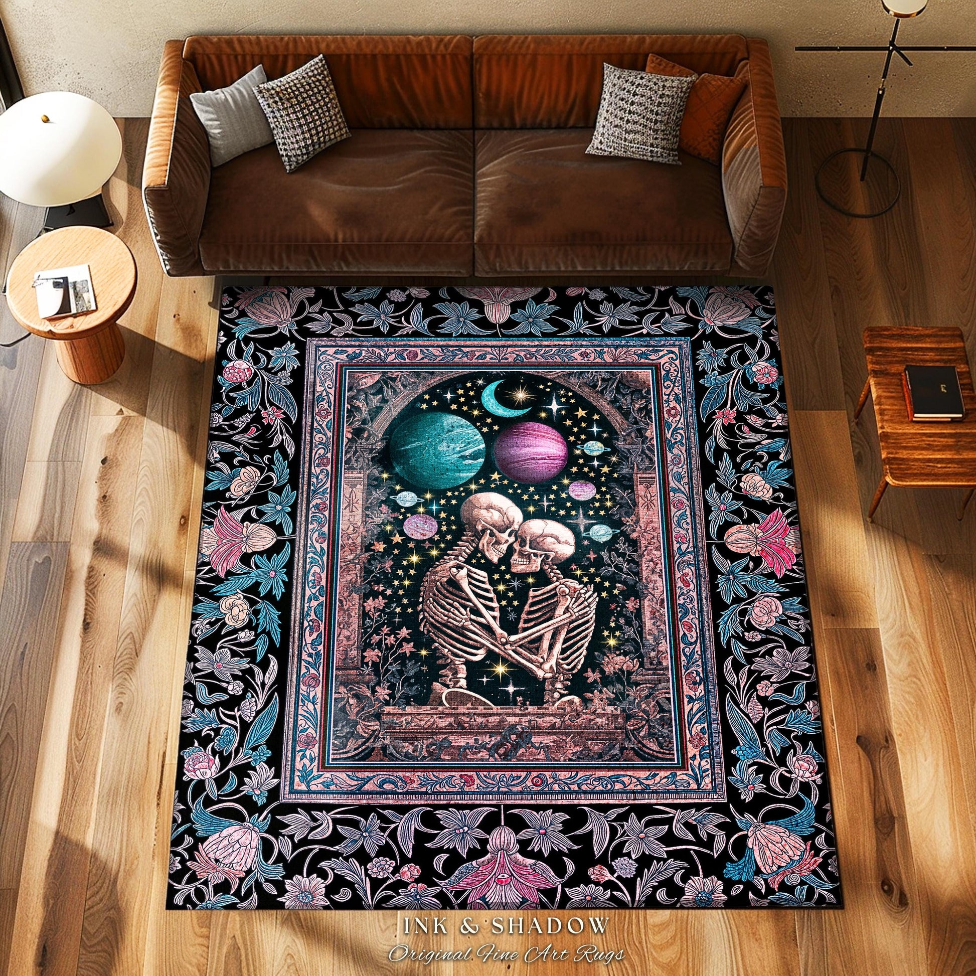 Galaxy Aesthetic Skeleton Couple Area Rug | Ethereal Universe Maximalist Macabre Pastel Whimsical Fantasy Bedroom Accent Boho Celestial Sky