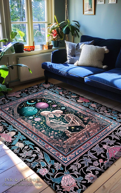Galaxy Aesthetic Skeleton Couple Area Rug | Ethereal Universe Maximalist Macabre Pastel Whimsical Fantasy Bedroom Accent Boho Celestial Sky
