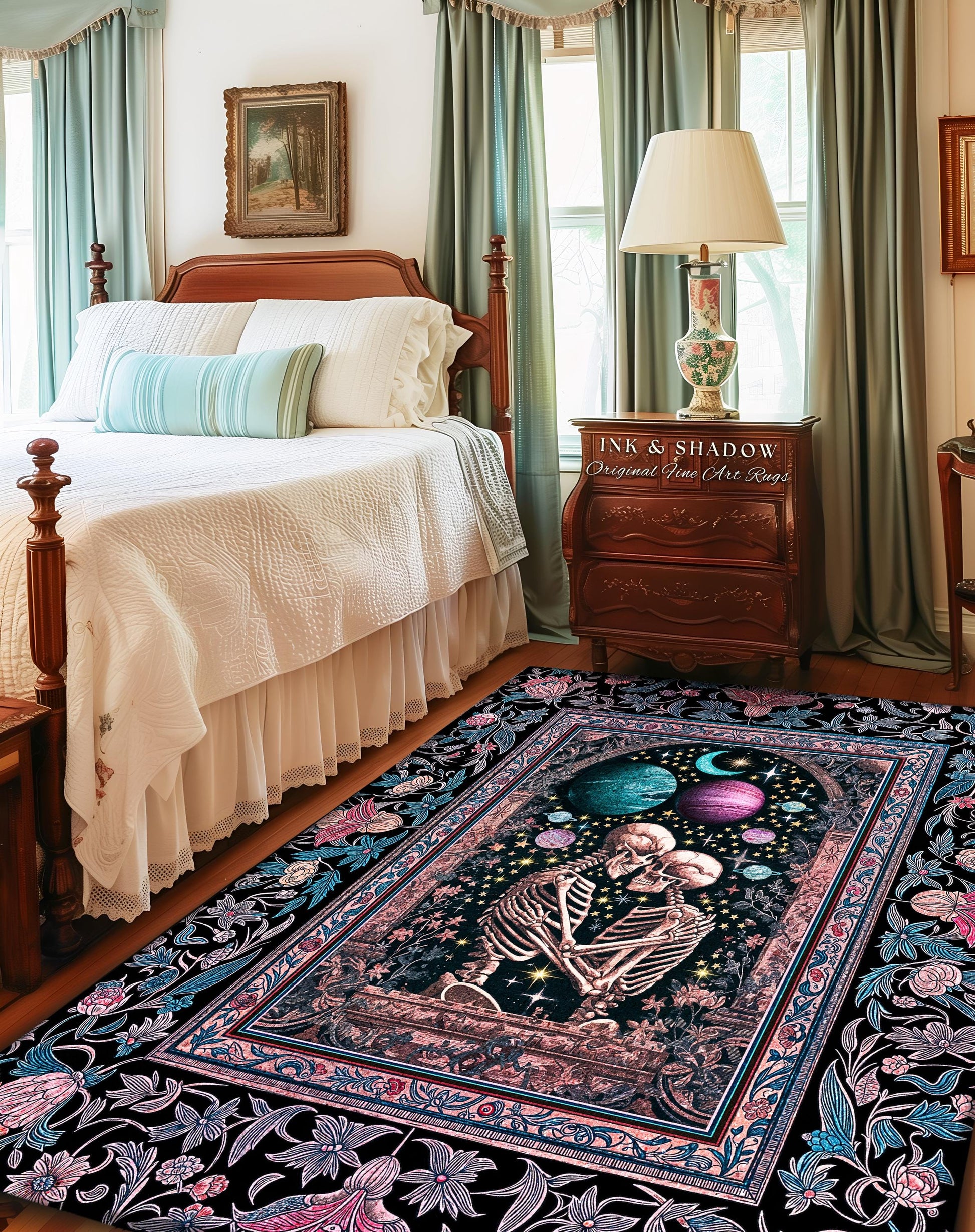 Galaxy Aesthetic Skeleton Couple Area Rug | Ethereal Universe Maximalist Macabre Pastel Whimsical Fantasy Bedroom Accent Boho Celestial Sky