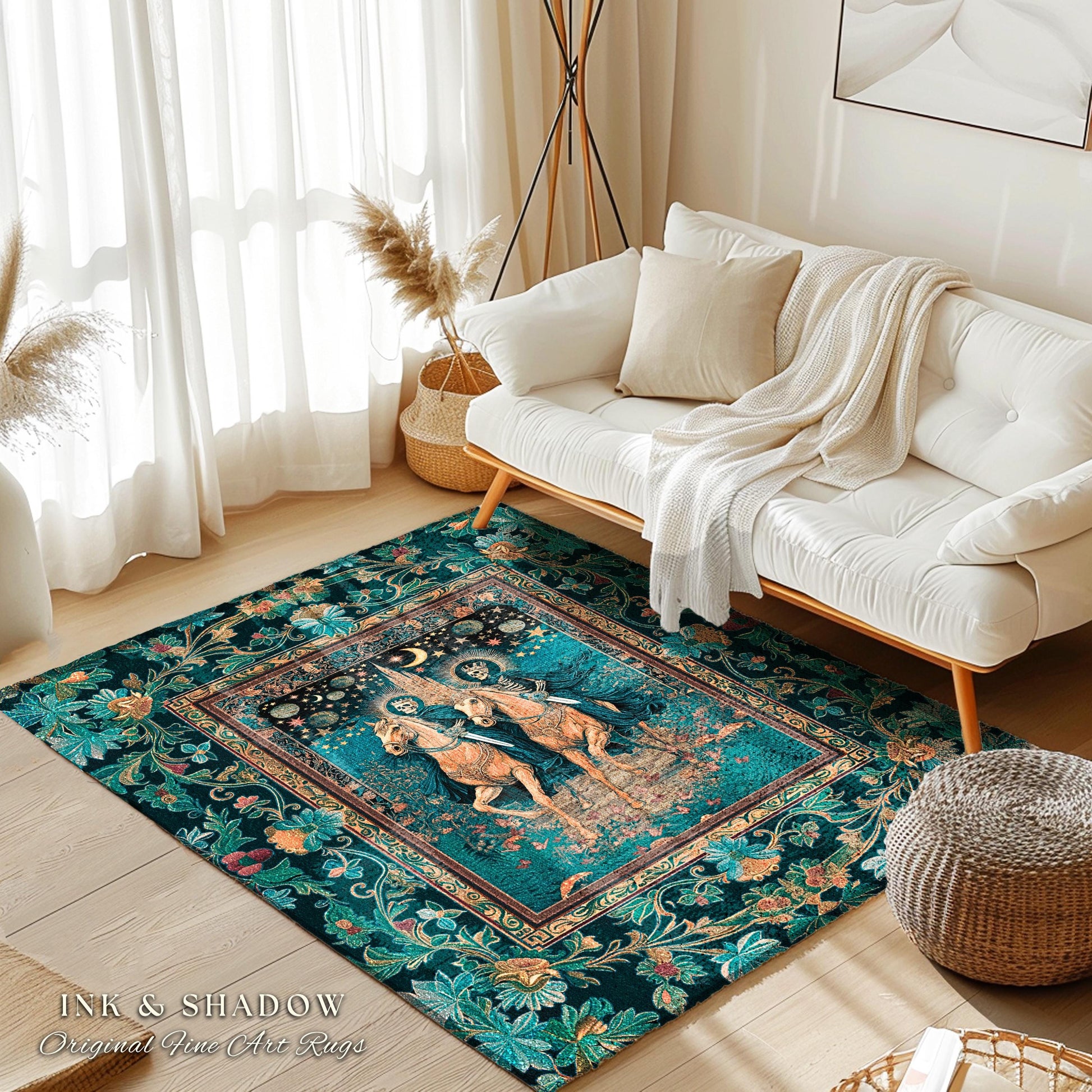 Night Riders Celestial Skeleton Area Rug | Haunted Horsemen Macabre Aesthetic Castle Witchy Tarot Bedroom Accent Ethereal Forest Dreamy Dorm
